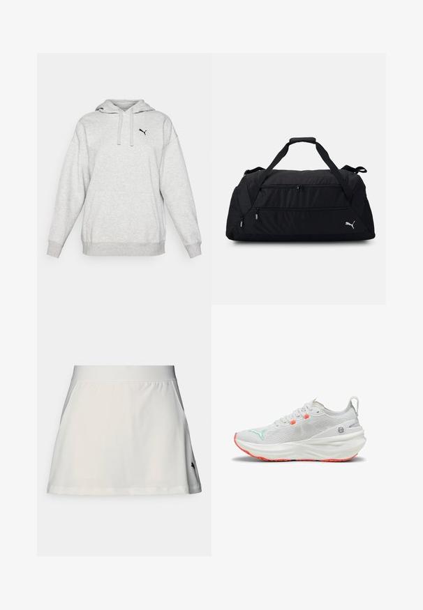 Szürke fleece kapucnis pulóver, kenguruzsebes, állítható húzózsinórral a kapucnin, és egy apró fekete logóval a mellkason. Lazább szabású, hosszú ujjú.; Fehér sportos szoknya sima felülettel, széles elasztikus derékpánttal és egy kis fekete logóval az alsó bal oldalon. Kihajló fazon jellemzi.; Fehér hálós felsőrészű sportcipők, élénk narancssárga részletekkel és vastag fehér talppal, amely tapadást biztosító texturált mintázattal rendelkezik.; Fekete sporttáska tartós anyagból, dupla cipzáras rekeszekkel, párnázott fogantyúkkal és fehér Puma logóval az oldalon.