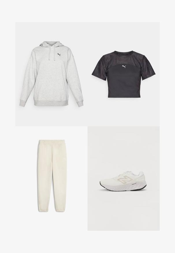 Grijze fleece hoodie met een kangoeroezak, verstelbare trekkoordkap en een klein zwart logo op de borst. Ontspannen pasvorm met lange mouwen.; Zwarte cropped t-shirt met korte mouwen, met een strak design, een textuur van kant en een wit Puma-logo op de voorkant.; Lichtbeige sweatpants van zachte stof, met een elastische tailleband, cuffed enkels en een klein wit logo aan de zijkant.; Witte sportieve schoen met een bovenkant van mesh, een gevoerde kraag en een dikke, gestructureerde zool. Bevat een lichtgrijze accent en het "New Balance" logo aan de zijkant.