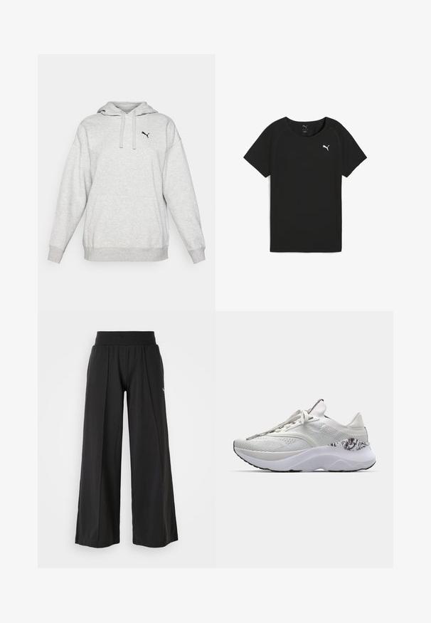 Grauer Fleece-Hoodie mit einer Kängurutasche, verstellbarem Kordelzug an der Kapuze und einem kleinen schwarzen Logo auf der Brust. Lässiger Schnitt mit langen Ärmeln.; Schwarzes Kurzarm-T-Shirt aus leichtem Material, mit rundem Ausschnitt und einem weißen Puma-Logo auf der Brust.; Schwarz-weite Hose aus strukturiertem Stoff, mit elastischem Bund und PUMA-Logo-Akzent. Einfaches Design mit lässiger Passform.; Weißer Sportschuh mit strukturiertem Obermaterial, runder Zehenpartie und gepolsterter Sohle. Verfügt über ein gemustertes Akzentdesign in der Nähe der Ferse und flache Schnürsenkel.