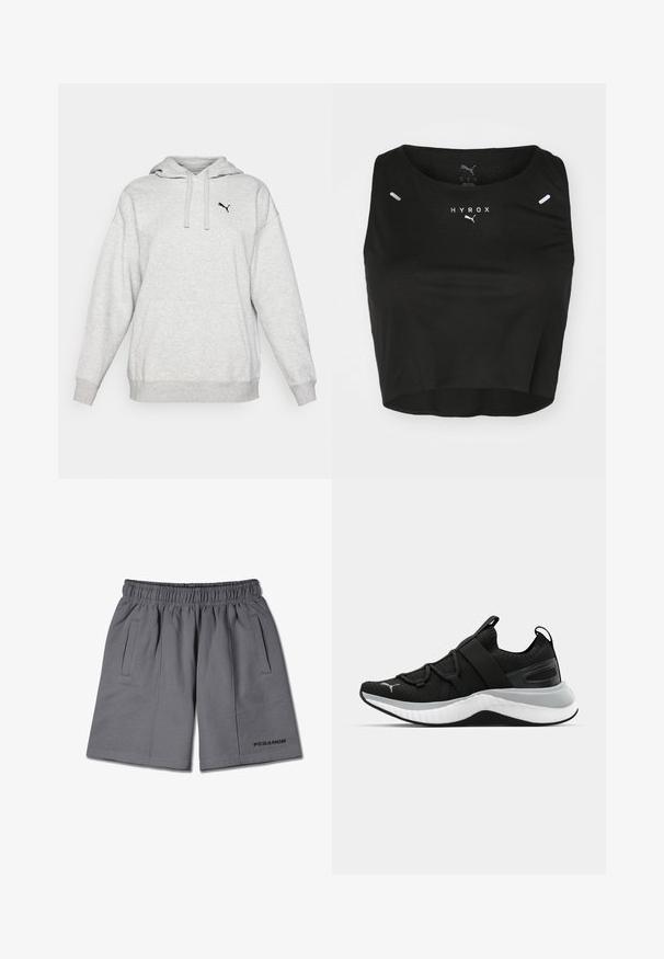 Pelēks vilnas džemperis ar kangaru kabatu, regulējamu kapuci ar šnuri un mazu melnu logo uz krūtīm. Brīva piegriezuma ar garām piedurknēm.; Melnās īsās augšdaļas topiņš, izgatavots no teksturēta auduma, ar apaļu kakla izgriezumu, balto logo un diviem maziem atstarotājiem uz pleciem.; Pelēkas sporta bikses ar elastīgu jostasvietu, divām sānu kabatām un melnu "PEGADOR" logotipu apakšējā labajā stūrī.; Melna sporta kurpe ar teksturētu augšējo daļu, elastīgām siksnām un biezu baltu vidusdaļu. Ievietots pelēks akcenta elements gar zoli.