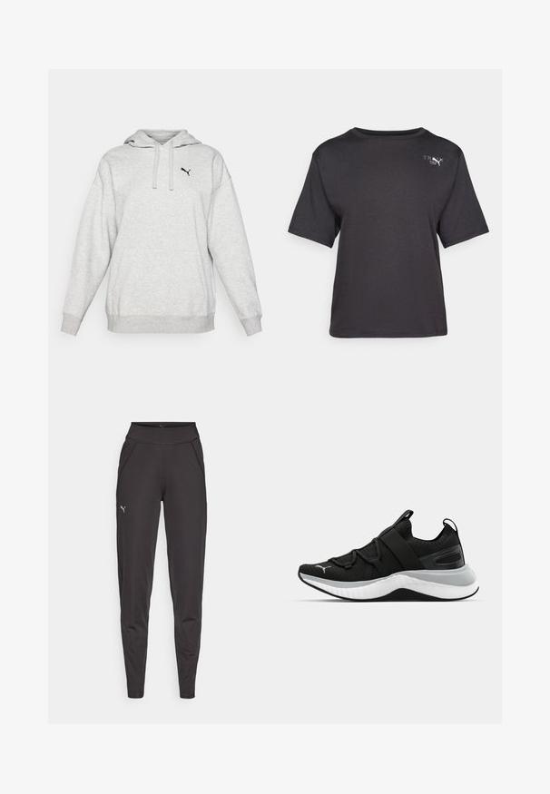 Felpa grigia in pile con tasca a marsupio, cappuccio regolabile con cordino e piccolo logo nero sul petto. Vestibilità rilassata con maniche lunghe.; T-shirt nera a maniche corte realizzata in tessuto morbido, con scollatura rotonda e un piccolo logo sulla parte superiore sinistra.; Leggings sportivi neri in tessuto elasticizzato, con vita alta, tasche laterali e un piccolo logo riflettente sulla coscia sinistra.; Scarpa sportiva nera con tomaia testurizzata, cinghie elastiche e una spessa suola intermedia bianca. Presenta un accento grigio lungo la suola.