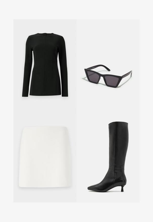 Top preto de manga longa com gola alta, detalhe de costura frontal e fecho de zíper nas costas. Feito de um tecido suave e elástico.; Saia mini branca, justa, com uma textura suave e linhas limpas. Sem padrões ou acessórios visíveis. Barra reta na parte inferior.; Zign Botas - black; Óculos de sol pretos, angulares, com lentes cinzas; feitos de plástico, apresentando hastes grossas com uma superfície lisa e sem hardware visível.