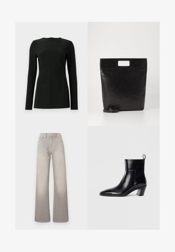 Black long-sleeve top with a high neckline, front seam detail, and back zipper closure. Made from a smooth, stretchy fabric.; Gray wide-leg jeans with a faded finish, button closure, five-pocket design, and stitched detailing along the seams.; Black leather ankle boot with a pointed toe, a geometric stacked heel, and a pull tab at the back. Smooth texture and sleek design.; Black leather tote bag with a square handle, featuring a textured finish and embossed logo. Includes a detachable strap.