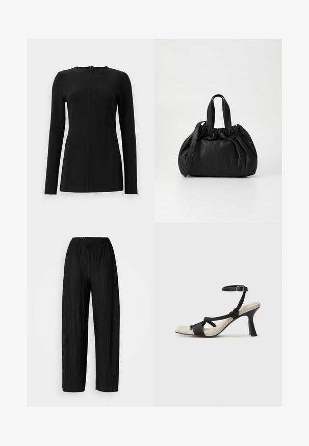 Top preto de manga longa com gola alta, detalhe de costura frontal e fecho de zíper nas costas. Feito de um tecido suave e elástico.; Calças largas de pregas pretas com uma cintura elástica. O tecido apresenta pregas verticais e uma textura suave.; Sandal com salto alto preto e design de tiras trançadas, bico quadrado e tira de tornozelo ajustável. Sola em tom bege claro com um salto preto brilhante.; Bolsa de couro preta com um design de topo franzido, apresentando duas alças curtas e uma alça longa ajustável. Textura suave, formato arredondado.