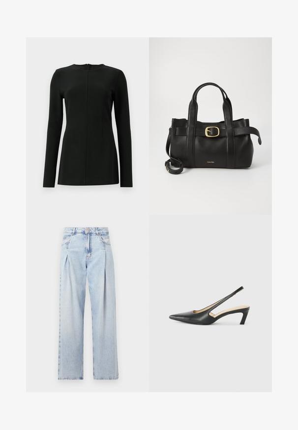Sort langærmet top med høj hals, forreste sømdetalje og lynlås lukning bagpå. Fremstillet af et glat, strækbart materiale.; Lyseblå denim jeans med høj talje, bred benåbning, to sidelommer og plisseret design. Blød tekstur med et falmet finish.; Sorte spidse slingback-sko med en lav hæl, lavet af glat læder og med udskæringer på siden for åndbarhed.; Sort læderhåndtaske med et struktureret design, dobbelte toppegreb, guldtonet spændeaccents og præget logo på forsiden.