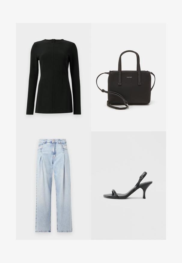 Černý dlouhý rukáv top s vysokým výstřihem, detailem předního švu a zapínáním na zip na zadní straně. Vyrobeno z hladké, pružné tkaniny.; Světlé modré džíny z denimu s vysokým pasem, širokým střihem, dvěma bočními kapsami a nařaseným designem. Měkká textura s vybledlým povrchem.; Černé kožené sandály na vysokém podpatku s úzkým, zakřiveným podpatkem a designem s překříženými popruhy. Nastavitelný pásek kolem kotníku. Hladký povrch.; Černá kabelka s dvojitými krátkými uchy a odnímatelným ramenním popruhem. Hladký koženkový materiál s uzávěrem na zip a detailem loga.
