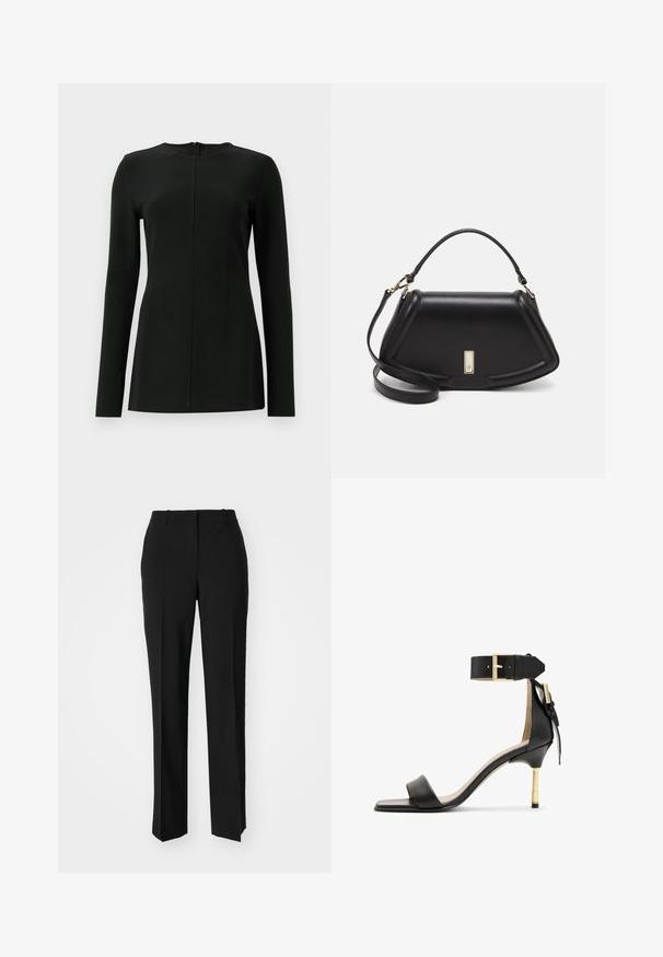 Sort langærmet top med høj hals, forreste sømdetalje og lynlås lukning bagpå. Fremstillet af et glat, strækbart materiale.; Sorte skræddersyede bukser med lige ben-design, der har en glat tekstur og skarpe folder langs fronten. Ingen synlige hardware.; Sort læder hæl sandal med firkantet tå, ankelrem med en guldbuckle og en slank metallisk hæl. Glat tekstur, minimalistisk design.; Sort læderhåndtaske med en struktureret design, der har en kortet form, tophåndtag og guld hardware-accenter. Justerbar skulderrem inkluderet.