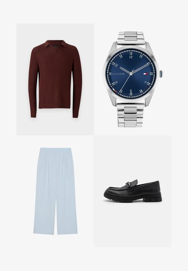 Rjav teksturiran pleteni pulover s ovratnikom, ki ima V-izrez, dolge rokave in rebraste manšete ter spodnji rob.; Svijetloplave hlače širokih nogavica od glatkog materijala, s prednjim nabranjima i elastičnim pojasom za udobnost.; Črni usnjeni loaferji z zaobljenim nosom, dekorativnim trakom in dodatki ter debelim teksturiranim podplatom. Gladek zaključek s subtilnimi detajli.; Srebrna kovinska ura z brušenim modrim številcem, belimi številčnicami in prikazom datuma. Ima povezano kovinsko zapestnico in logotip blagovne znamke.