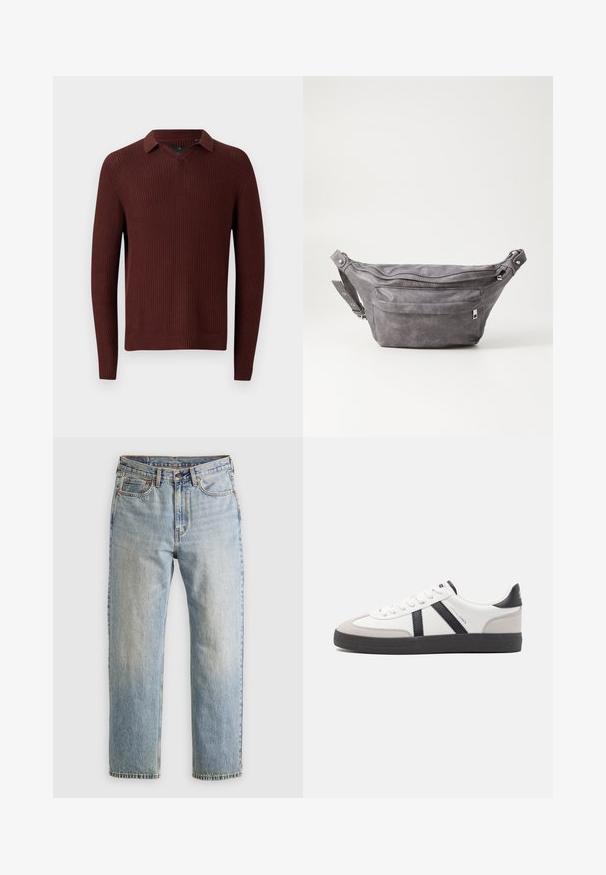 Pull en maille texturée marron avec col, présentant un design en V, des manches longues et des poignets et un ourlet côtelés.; Jean en denim bleu clair à taille haute, avec bouton avant, fermeture éclair et design à cinq poches, posé à plat sur un fond neutre.; Baskets blanches avec des accents noirs et gris, présentant un embout texturé gris, une semelle en caoutchouc noir et des lacets plats blancs. Design épuré, style minimaliste.; Sac banane en suède gris avec une forme arrondie, deux compartiments zippés et une sangle réglable. Comprend des accents en métal.