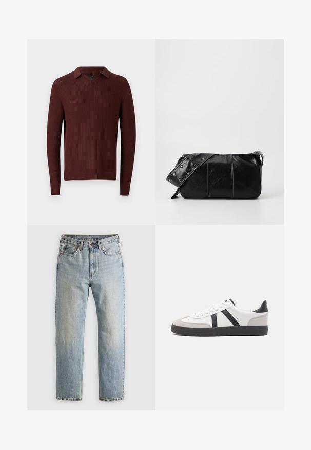 Rudas tekstūruotas megztinis su apykakle, turintis V formos iškirptę, ilgomis rankovėmis ir banguotais rankogaliais bei apačia.; Šviesiai mėlynos džinsinės kelnės su aukštu liemeniu, priekyje mygtukas, užtrauktukas ir penkių kišenių dizainas, išklotos ant neutralios fono.; Balti sportbačiai su juodais ir pilkais akcentais, pasižymintys tekstūruotu pilku pirštų dangteliu, juoda gumine padais ir plokščiomis baltomis raišteliais. Švarus dizainas, minimalistinis stilius.; Juodas odinis pečių krepšys su užtrauktuku, turintis tekstūruotą paviršių, baltą siuvinėjimą ir dirželį su sidabinėmis metalinėmis detalėmis.
