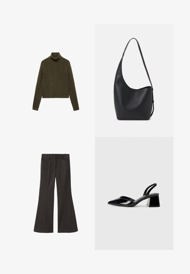 Pull à col roulé vert olive en tissu doux et texturé. Il possède des manches longues et un design court avec un col côtelé.; Pantalons évasés noirs à taille haute ; dotés de deux poches avant et d'une texture de tissu lisse. Adaptés à diverses occasions.; Escarpins en cuir verni noir avec bout pointu et talon bloc géométrique. Présente un design élégant et minimaliste ainsi qu'une texture lisse.; Sac hobo en cuir noir avec une texture lisse, une forme incurvée et une seule sangle réglable ; dispose d'une large ouverture en haut.