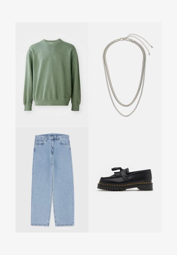 Green crew neck sweatshirt with ribbed cuffs and hem, made from soft, textured fabric. Simple design, featuring no patterns or hardware.; Light blue denim jeans with straight leg design, featuring a mid-rise waist, five pockets, and a button and zipper closure.; Black leather loafer with a tasseled accent, featuring a chunky black sole and yellow stitching along the edge. Textured finish.; Three-layered silver metal necklace featuring sleek, flexible chains with a slight sheen, secured with a lobster clasp and adjustable chain.