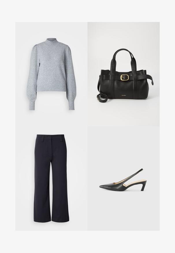 Light grey pullover sweater with a high neck, long puff sleeves, and ribbed cuffs and hem. Made of soft, textured fabric.; Wide-leg trousers in dark navy fabric. Features a flat front, belt loops, and side pockets. The material is smooth with a slight stretch.; Black pointy-toed slingback shoe with a low heel, featuring smooth leather material and cut-out design on the side for breathability.; Black leather handbag featuring a structured design, dual top handles, gold-tone buckle accent, and embossed brand logo at the front.