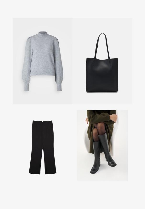 Hellgrauer Pullover mit hohem Kragen, langen Puffärmeln und gerippten Bündchen und Saum. Hergestellt aus weichem, strukturiertem Stoff.; Schwarze Hose mit geradem Schnitt, ausgestattet mit Fronttaschen und Seitenschlitzen am Saum. Hergestellt aus weichem, glattem Stoff. Geeignet für verschiedene Anlässe.; Knöchelhöhe schwarze Lederstiefel mit quadrater Spitze und Blockabsatz, gezeigt mit einem Modell, das einen olivgrünen Mantel trägt. Glatte Textur, minimale Details.; Schwarze Laptoptasche aus Leder mit glatter Textur, rechteckiger Form und zwei langen Griffen. Keine sichtbaren Beschläge oder Verzierungen.