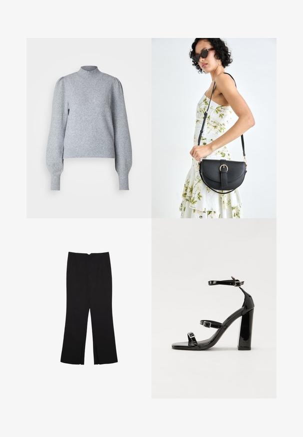 Světle šedý svetr s vysokým límcem, dlouhými balónovými rukávy a žebrovanými manžetami a lemem. Vyrobeno z měkké, texturované látky.; Černé kalhoty s rovným střihem, s předními kapsami a bočními rozparky na lemu. Vyrobené z jemné, hladké tkaniny. Vhodné na různé příležitosti.; Černé lakované sandály na podpatku se čtveratou špičkou, lýtkovými pásky a stříbrnými přezkami. Disponují masivním blokovým podpatkem pro stabilitu.; Černá kožená kabelka s křivkovým tvarem, odnímatelným popruhem a zlatými detaily. Kabelka má klopu s přezkou.