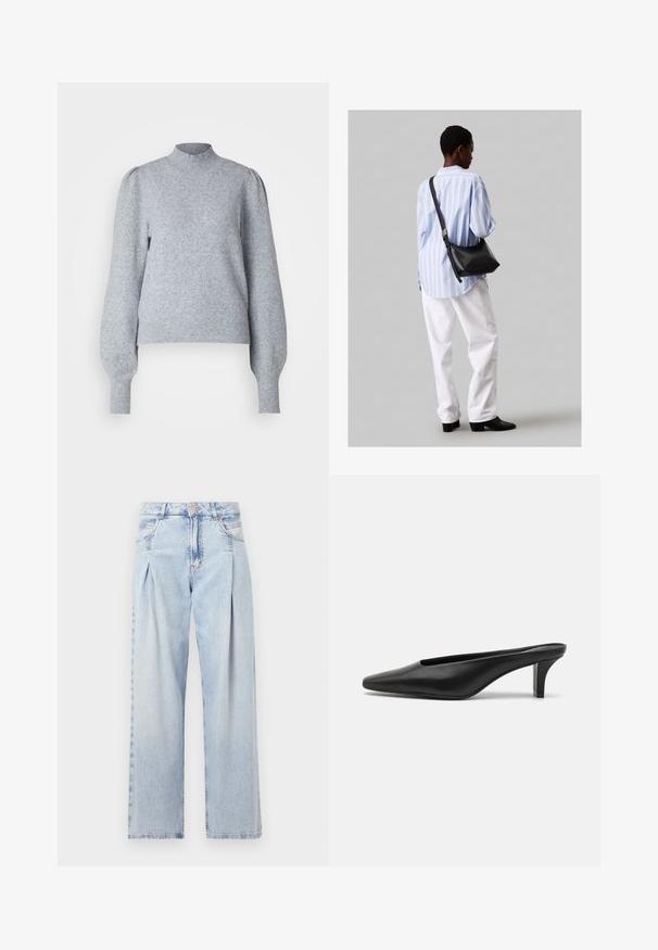 Világosszürke pulóver hosszú puffos ujjakra, magas nyakra, bordás mandzsettákkal és szegéllyel. Puha, struktúrált anyagból készült.; Világoskék farmernadrág magas derekú, bő szabású, két oldalsó zsebbel és pliszírozott dizájnnal. Puha tapintású, elhalványított felület.; Fekete bőr, hegyes orrú mokaszin, alacsony stiletto sarokkal. Simább textúra, minimalista kialakítás, és nyitott hátul a könnyű felvétel érdekében.; Fekete bőr válltáska puha tapintással, háromszög alakú, állítható pánttal, világoskék csíkos inggel és fehér nadrággal párosítva.