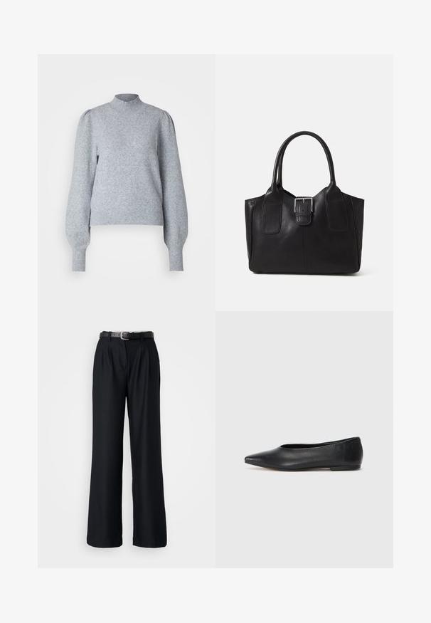 Lichtgrijze pullovertrui met een hoge hals, lange, volumineuze mouwen en geribbelde manchetten en zoom. Gemaakt van zachte, gestructureerde stof.; Zwarte wijde broek van gladde stof, met voorplooien en een bijpassende zwarte riem met een zilveren gesp.; Zwarte leren balletflat, puntige neus, minimalistisch design, gladde textuur, lage hak, geen zichtbaar beslag of versieringen.; Zwarte leren tote bag met een gladde textuur, gestructureerde vorm, twee handvatten en een opvallend zilveren sluitingdetail aan de voorkant.; Zwarte hars bangle armband met een gladde, glanzende oppervlakte en ronde randen. Bevat een klein goudkleurig "Pilgrim" logo aan de binnenzijde.