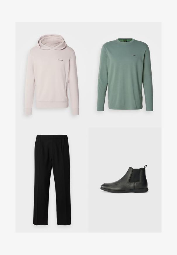 Světle růžová mikina Calvin Klein vyrobená z měkké látky, s prostornou kapucí, dlouhými rukávy a malým logem na hrudi.; Světle zelené tričko s dlouhým rukávem vyrobené z měkké látky. Má kulatý výstřih a malé vyšívané logo "BOSS" na hrudi.; Černé kalhoty vyrobené z hladké tkaniny, s elastickým pasem, rovnými nohavicemi a dvěma předními záhyby pro zvýšení detailu.; Černé kožené kotníkové boty s hladkým povrchem, elastickými bočními panely a poutkem na zadní straně. Oblý špička a gumová podrážka.