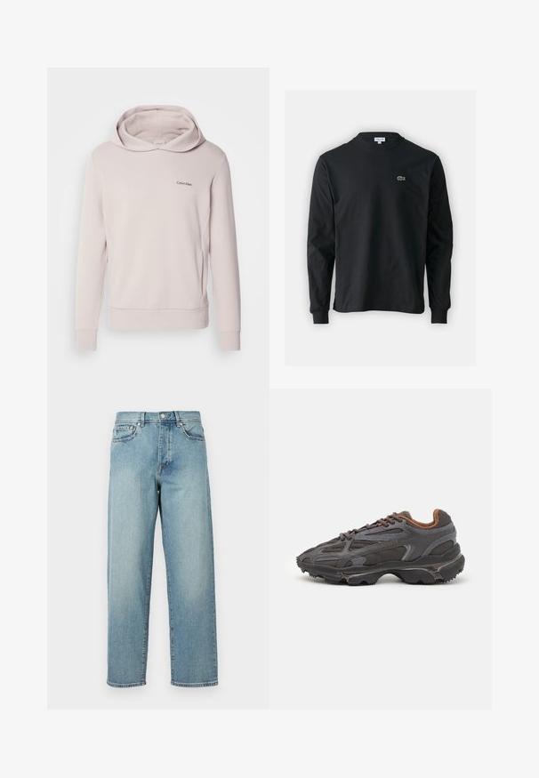 Light pink Calvin Klein hoodie made of soft fabric, featuring a spacious hood, long sleeves, and a small logo on the chest.; Black long-sleeve t-shirt made of cotton, featuring a round neckline and a small green embroidered crocodile logo on the left chest.; Light blue denim jeans with a loose fit, straight legs, five-pocket design, and a button closure at the waist. Minimalistic stitching detail.; Lacoste sneakers in dark gray with mesh and synthetic material, featuring a textured sole and brown accents on the collar and branding.