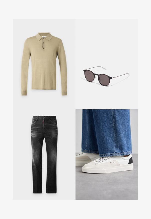 Tiger of Sweden EROSS - Džemperis - granite green; Juodi džinsai su tiesiu kirpimu. Spalvoti svyrantys plotai, šiek tiek sugadinti, klasikinis penkių kišenių dizainas ir mygtuko uždarymas.; Balti ir balti sportbačiai su lygaus odos paviršiumi, tekstūruotais akcentais ir masyviu baltu padu. Turi klasiką primenančią raištelių užsegimo sistemą.; Juodos apvalios saulės akinių su tamsiais lęšiais ir plonomis metalinėmis šakomis. Įtraukti skaidrūs šventyklų galai ir sidabriniai akcentai vyrio srityje. Minimalistinis dizainas.