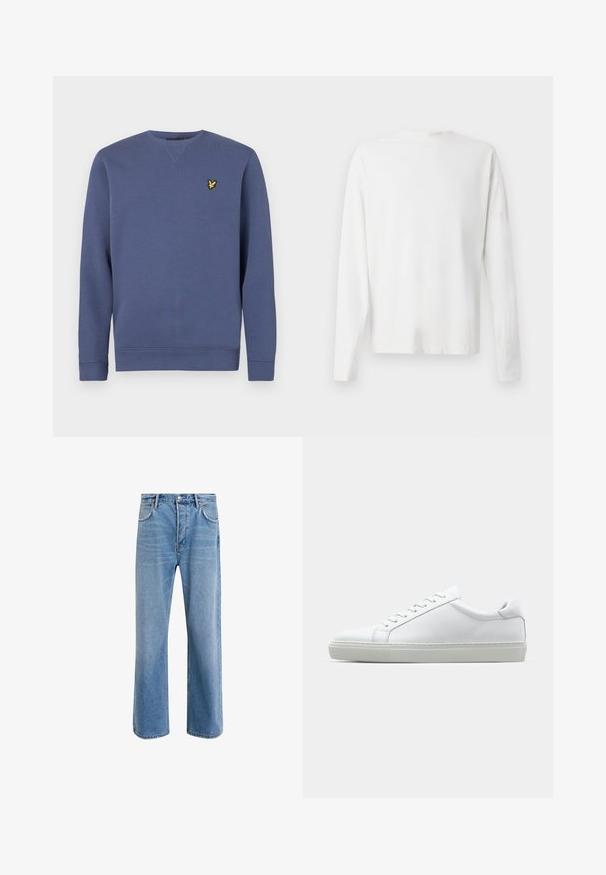 Felpa blu con scollo rotondo, maniche lunghe, polsini a coste e un piccolo logo giallo sul lato sinistro del petto. Materiale in cotone morbido.; Camicia bianca in cotone a maniche lunghe con scollatura rotonda, spacchi laterali in fondo e una texture liscia, mostrata da dietro.; Jeans in denim blu chiaro con design a gamba dritta, cinque tasche, chiusura con bottone, leggero sbiadimento e dettagli di cucitura a contrasto.; Sneaker bianco con tomaia in pelle liscia e profilo basso. Presenta una punta arrotondata, sei occhielli e una suola in gomma testurizzata.