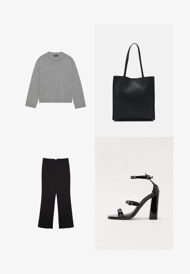 Sivkasta pleteno pulover s dolgimi rokavi, okroglo ovratnico in rebrastim robom. Narejen iz mehke tkanine, ima minimalističen dizajn brez vzorcev.; Črne hlače ravnega kroja z naglavnimi žepi in stranskimi razporki na robu. Narejene iz mehke, gladke tkanine. Primerne za različne priložnosti.; Črne lakirane sandale s peto, kvadratnim prstom, trakovi okrog gležnja in srebrnimi zaponkami. Opremljene so s stabilno Debelo peto.; Črna usnjena torba s svilnato teksturo, pravokotne oblike in dvema dolgima ročajema. Brez vidnih metalnih delov ali okrasnih elementov.