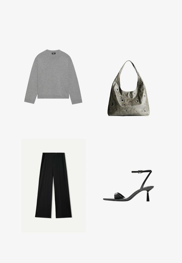 Pulover gri tricotat cu mâneci lungi, guler rotund și tiv striat. Fabricat din material moale, dispune de un design minimalist fără modele.; Bershka WIDE - Pantaloni - black; Bershka Sandale cu toc - black; Geantă din piele de culoare verde măslin, cu un design relaxat, având decupaje circulare de diverse dimensiuni și accente în nuanțe mai închise și mai clare.