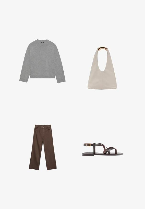 Šedý pletený svetr s dlouhými rukávy, kulatým výstřihem a žebrovaným lemem. Vyrobený z měkkého materiálu, má minimalistický design bez vzorů.; Hnědé džíny s širokými nohavicemi vyrobené z denimu, s vysokým pasem, předními kapsami a klasickým zapínáním na knoflík. Hladká textura s jemným švem.; Hnědé kožené sandály s kříženými pásky, uzavřením na přezku u kotníku a plochou podrážkou s minimem švů.; Světlá šedá kožená taška s U-tvarovaným designem a zakřivenou kovovou rukojetí. Hladký povrch s minimálním šitím a bez viditelných vzorů.