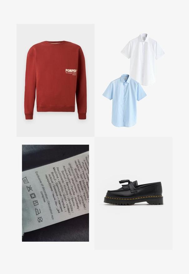 Sarkans džemperis ar apaļu kaklu, garām piedurknēm un ribotiem aprocēm. Priekšpusē ir balti uzraksti: "POMPEII" un "Mēs atbalstām iešanu (Madride)".; Divi īsās piedurknes krekli: viens balts un viens gaiši zils. Abiem ir pogu priekšpuse, apkakles izgriezums, gluda kokvilnas auduma un standarta piegriezums.; Etiķete ar daudzvalodu tekstu, aprūpes simboliem un pārstrādes ikonām, drukāta uz mīksta auduma līdzīga materiāla gaišā krāsā.; Melnas ādas mokasīni ar pērlītēm uzsvaru, ar masīvu melnu zoli un dzeltenu šuvumu gar malu. Ar teksturētu apdari.