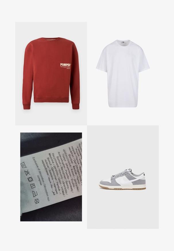 Red sweatshirt with a crew neck, long sleeves, and ribbed cuffs. Features white text: "POMPEII" and "We Champion Walking (Madrid)" on the front.; White cotton t-shirt with short sleeves, rounded neckline, relaxed fit, and no visible logos or patterns. Smooth texture and minimal design.; Label tag with multi-language text, care symbols, and recycling icons, printed on a soft fabric-like material in light color.; Gray and white sneaker with a suede and leather upper, rounded toe, flat laces, and a rubber sole featuring a gum accent.
