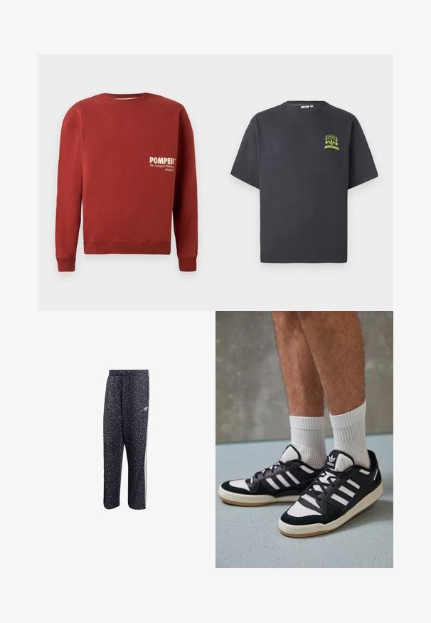 Czerwona bluza z okrągłym dekoltem, długimi rękawami i ściągaczami. Na przodzie znajduje się biały tekst: "POMPEJE" oraz "Promujemy Chodzenie (Madryt)".; T-shirt w kolorze węgorzowym marki Adidas z krótkim rękawem i małą neonowo-zieloną grafiką głośników, słońca oraz logo Adidas na lewej klatce piersiowej.; Czarne spodnie sportowe w leopardzi wzór z białym, trójpasmowym wzorem oraz logo marki sportowej z boku.; Czarno-białe sneakersy z zamszową i skórzaną cholewką, z trzema białymi paskami, perforowanym czubkiem i gumową podeszwą w kolorze gumy.