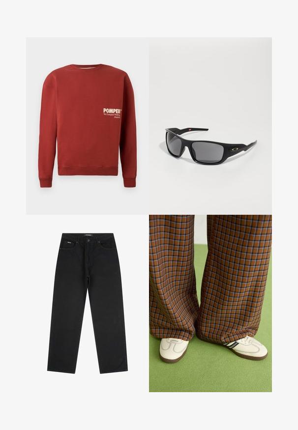 Sweatshirt rouge avec un col ras du cou, des manches longues et des poignets côtelés. Présente un texte blanc : "POMPEII" et "We Champion Walking (Madrid)" sur le devant.; Jean noir à jambe droite avec bouton frontale et fermeture éclair, passants de ceinture et design à cinq poches, posé à plat sur un fond blanc.; Un pantalon large à carreaux marron et bleu associé à des chaussures blanches avec des accents noirs et des semelles texturées, le tout sur fond vert.; Lunettes de soleil noires de forme rectangulaire, fabriquées en plastique durable, avec des verres teintés gris et un accent doré sur le côté.