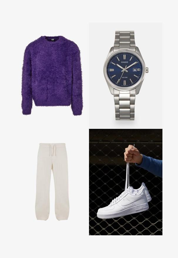 Lila bolyhos pulóver kerek nyakkivágással és hosszú ujjakkal. Jellemzője a texturált, puha felület és a laza szabású dizájn.; Világos bézs len nadrág, részben gumis derekkal és zsinórral. Egyenes szárú dizájn, sima textúrával és enyhe szűküléssel a bokák felé.; Fehér bőr sportcipők perforációval, kerek orral, lapos talppal és vastag fűzőkkel, látható swoosh logóval és "AIR" felirattal a sarokrészen.; Ezüst színű rozsdamentes acél karóránk sötétkék számlapja van, fém óraszámlálókkal és egy dátumablakkal a 3 órás pozícióban. 50 méterig vízálló.