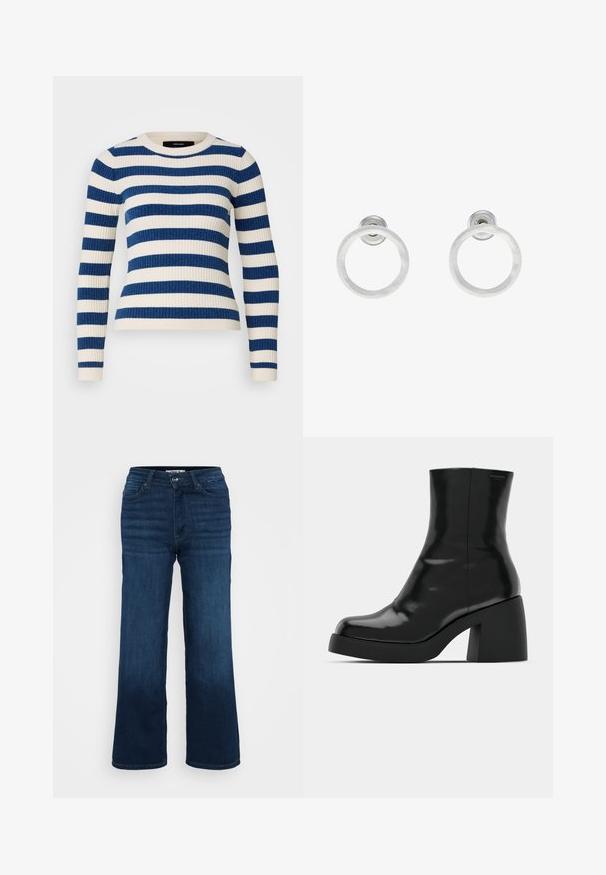 Vero Moda Petite VMCHILI O NECK STRIPE - Džemperis - birch/navy; ONLY Petite ONLMADISON BLUSH WIDE - Platėjantys džinsai - dark blue denim; Juodi kulkšniniai batai su blizgiu paviršiumi, kvadratiniu pirštu ir storu blokiniu kulnu. Dizainas pasižymi be siūlių siluetu ir minimalia ženklinimo. ; Sidabriniai metaliniai auskarai žiedų pavidalu su šveitimo tekstūra, turintys apvalų dizainą ir skaidrų laikiklį saugiam dėvėjimui.