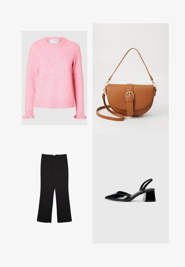 Vaaleanpunainen neulepaita, jossa on rento istuvuus, pyöreä kaulus ja levenevät hihansuut. Pehmeä tekstuuri, minimaalinen kuvio ja tarralappu näkyvissä kauluksessa.; Mustat housut suoralinjaisella leikkauksella, joissa on etutaskut ja sivurei'ät helman alla. Valmistettu pehmeästä ja sileästä kankaasta. Sopii eri tilaisuuksiin.; Mustat patentoitu nahkakengät, joissa on säären takaosa ja terävä kärki, sekä geometrinen palikkakorko. Sisältää tyylikkään, minimalistisen muotoilun ja sileän pinnan.; Ruskean nahkainen olkalaukku, jossa on kaareva muoto, kultaiset yksityiskohdat ja solkiyksityiskohta. Varustettu irrotettavalla olkahihnalla.