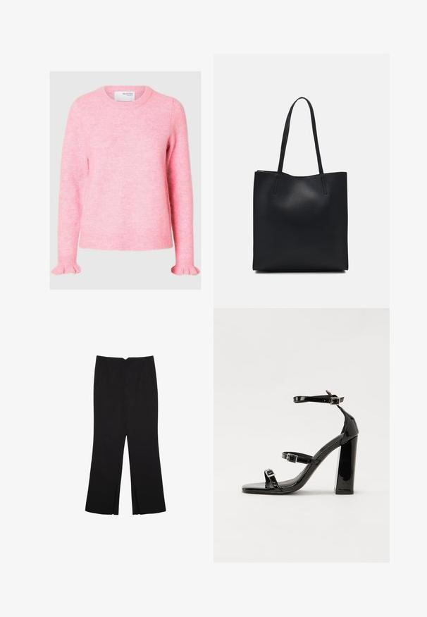 Roza pletena pulover s sproščenim krojem, okroglim izrezom in razširjenimi manšetami. Mehka tekstura, minimalen vzorec in oznaka vidna na izrezu.; Črne hlače ravnega kroja z naglavnimi žepi in stranskimi razporki na robu. Narejene iz mehke, gladke tkanine. Primerne za različne priložnosti.; Črne lakirane sandale s peto, kvadratnim prstom, trakovi okrog gležnja in srebrnimi zaponkami. Opremljene so s stabilno Debelo peto.; Črna usnjena torba s svilnato teksturo, pravokotne oblike in dvema dolgima ročajema. Brez vidnih metalnih delov ali okrasnih elementov.