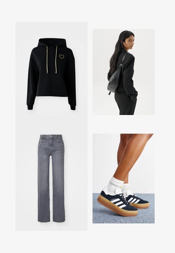 Melna kropta kapuce ar priekšējo kabatu, ar zelta sirds izšuvumu un mirdzošām zelta auklām. Izgatavota no mīksta, teksturēta auduma.; Pelēki plati bikses no denima ar gludu tekstūru, ar pogu un rāvējslēdzēju, kā arī piecām kabatām.; Melnas zamšādas sporta kurpes ar baltām svītrām un akcentiem, apaļa purngala daļa, gumijas zole, kopā ar baltām ribotām sporta zeķēm.; Sieviete ar garām tumšām matiem, ģērbusies melnā uzvalkā, nēsā melnu ādas plecu somu un skatās pāri plecam uz balta fona.