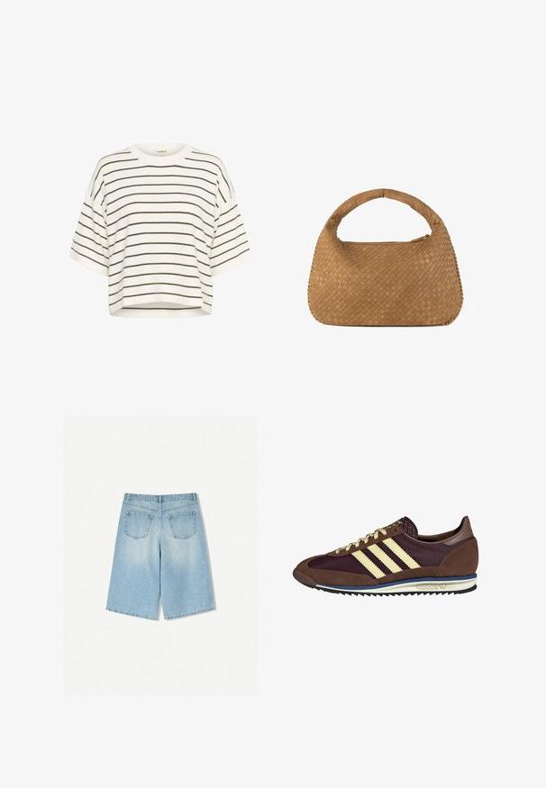 White cropped T-shirt made of soft fabric, featuring horizontal olive green stripes and a round neck with wide short sleeves.; Light blue denim shorts with a relaxed fit, featuring two back pockets and a straight leg design. Clean hem and soft texture.; Brown and burgundy sneaker with suede and mesh materials, featuring three cream stripes, textured fabric on the tongue, and a rubber sole.; Woven tan handbag with a rounded handle, crafted from soft leather. Features a zippered closure and intricate basketweave pattern.