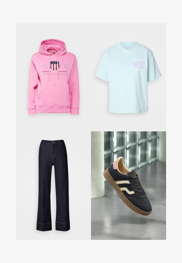 GANT ARCHIVE SHIELD HOODIE - Sweater - candy pink; Lichtblauw katoenen T-shirt met een ronde hals en korte mouwen. Heeft een grafisch ontwerp met "Calvin Klein" in paars op de voorkant.; Donkerdenim wijde broek met hoge taille, voorzien van een knoopsluiting aan de voorkant en oranje stikselaccenten. Glad textuur overal.; Marine leren sneakers met crèmekleurige strepen, roze accenten op de hiel en een getextureerde tan rubberen zool. Klassiek laag model.