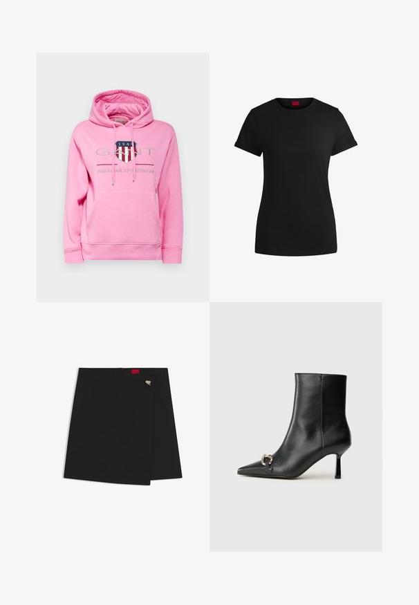 GANT ARCHIVE SHIELD HOODIE - Hoodie - candy pink; Zwart katoenen T-shirt met korte opgerolde mouwen, een ronde halslijn en een rood label. Glad textuur, aansluitende pasvorm met minimale details.; Zwarte wikkelrok met een gladde structuur, voorzien van een rode logo-tag en een zilveren hardware accent. Eenvoudig ontwerp met een strakke snit.; Zwarte leren enkelboot met spitse neus, slanke middenhoge hak en zilveren gespdetail aan de zijkant op een effen achtergrond.