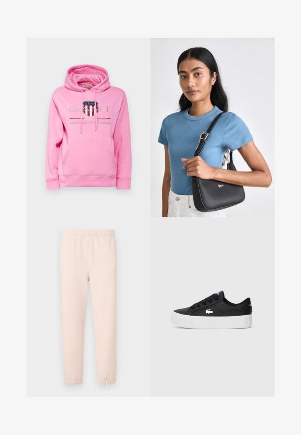 GANT ARCHIVE SHIELD HOODIE - Sweatshirt - candy pink; Light pink sweatpants with an elastic waistband and gathered cuffs, made from soft cotton blend fabric with a smooth texture.; Black low-top sneaker made of synthetic material, featuring a white rubber sole, black laces, and a small white logo on the side.; Black textured handbag with a curved shape, accented by a gold logo, paired with a ribbed light blue short-sleeve shirt and white pants.