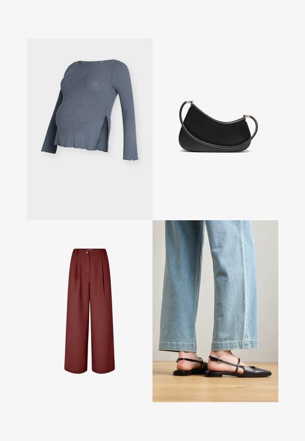 Gray ribbed maternity top with long sleeves, featuring side slits and a curved hem. Soft fabric with a textured appearance.; Wide-leg trousers in a rich burgundy color, made of smooth fabric. Features a waistband, front pleats, and a single button closure.; Black leather slingback shoes with a pointed toe, flat heel, and ankle strap; worn with light blue wide-leg jeans.; Black leather shoulder bag with a curved design, featuring a textured strap and gold-tone hardware at the top closure. Smooth finish.
