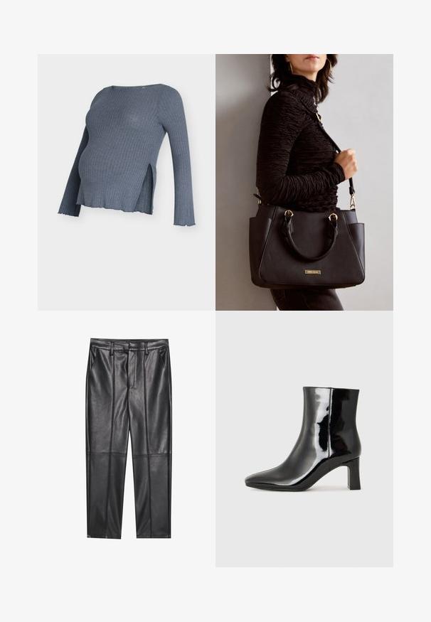 Top premaman grigio a coste con maniche lunghe, caratterizzato da spacchi laterali e orlo curvo. Tessuto morbido con un aspetto lavorato.; Pantaloni in pelle nera con una texture liscia, caratterizzati da un fit dritto, due tasche frontali e dettagli delle cuciture in evidenza.; Stivaletto in pelle verniciata nera con punta a punta e tacco a blocco di altezza media. Texture liscia e design minimalista.; Borsa nera con superficie texturizzata, manici superiori doppi e tracolla regolabile. Dotata di hardware color oro e tasche laterali.