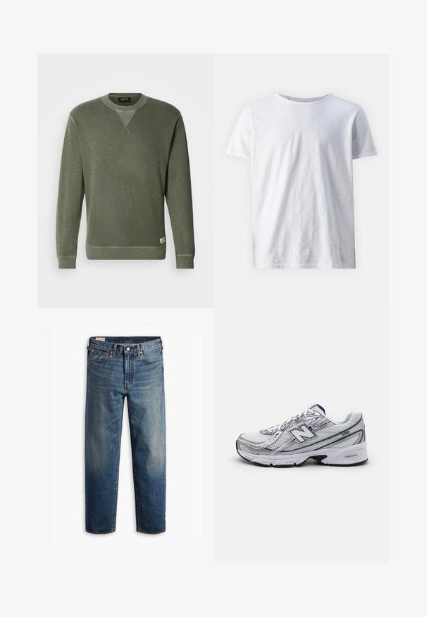 Zaļš džemperis, kas izgatavots no teksturēta auduma, ar apaļu kakla izgriezumu, garām piedurknēm un nelielu markas etiķeti apakšējā kreisajā stūrī.; Balta īsām piedurknēm puskrekls, izgatavots no viegla materiāla. Apaļa kakla izgriezums ar gludu virsmu un bez redzamām rakstiem vai akcentiem.; Zilie taisniegu denima džinsi ar klasisku piecu kabatu dizainu, pogu aizdari un nedaudz izbalinātu mazgāšanu uz augšstilbiem un ceļgaliem.; Jauns "New Balance" sporta apavs ar sietveida augšdaļu, galvenokārt balts ar pelēkiem un tumši ziliem akcentiem, ar amortizētu zoli un teksturētiem elementiem.
