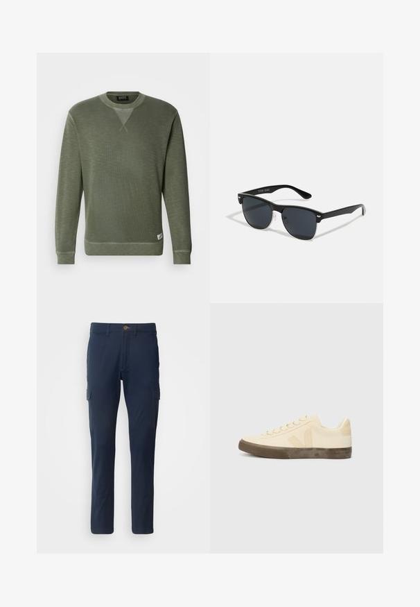 Sweatshirt verde feito de tecido texturizado, com decote redondo, mangas longas e uma pequena etiqueta da marca na parte inferior esquerda.; Calças cargo da marinha, feitas de tecido em mistura de algodão, com dois bolsos laterais, fecho de zipper e fecho de botão na frente. Design de perna reta.; Sapatilha de lona bege com biqueira redonda, atacadores planos e sola de borracha castanha texturizada. Apresenta um logótipo na lateral e um design minimalista.; Óculos de sol pretos com forma retangular, lentes escuras, detalhes em prata nas hastes e um acabamento mate na armação.