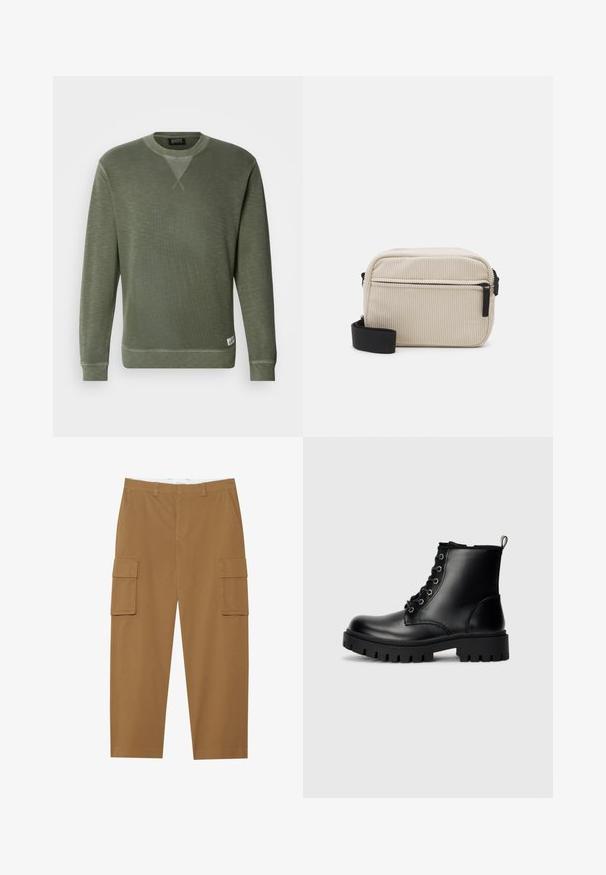 Sweat-shirt vert en tissu texturé, avec un col rond, des manches longues et une petite étiquette de marque en bas à gauche.; Pantalons cargo marron avec deux poches latérales, une taille plate et une coupe droite. Fabriqués en tissu durable avec une texture lisse.; Bottines en cuir noir avec un bout rond, un design à lacets et une semelle épaisse et robuste. Elles possèdent une languette au talon et des accents en métal argenté.; Sac à bandoulière en velours côtelé crème avec une fermeture éclair noire, une sangle amovible et un motif texturé. Il dispose d'un compartiment principal et d'une poche avant.