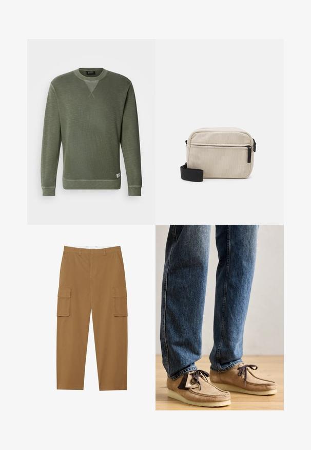 Grüner Sweatshirt aus strukturiertem Material, mit rundem Ausschnitt, langen Ärmeln und einem kleinen Markenschild unten links.; Braune Cargo-Hosen mit zwei Seitentaschen, flachem Vorderteil und geradem Beinansatz. Hergestellt aus einem strapazierfähigen Stoff mit glatter Textur.; Wildleder-Mokassins in Tan mit dunkelbraunen Akzenten, runder Zehenform und weichem weißen Fußbett. Sie verfügen über ein Schnürdesign und gestickte Details.; Cremfarbener Corduroy-Crossbody-Beutel mit einem schwarzen Reißverschluss, abnehmbarem Tragegurt und strukturiertem Muster. Verfügt über ein Hauptfach und eine Fronttasche.