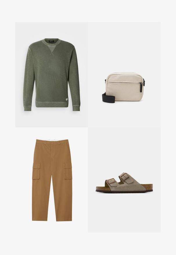 Grøn sweatshirt lavet af tekstureret stof, med rund halsudskæring, lange ærmer og et lille mærke nederst til venstre.; Brune cargo bukser med to sidelommer, flad front og lige ben. Fremstillet af et slidstærkt stof med en glat tekstur.; Suedesandal i lys grå med to justerbare spænder, en kork mellemsål og en tekstureret gummiydersål.; Cremefarvet kordfløjl crossbody taske med en sort lynlås, aftagelig skulderrem og struktureret mønster. Har et hovedrum og en frontlomme.