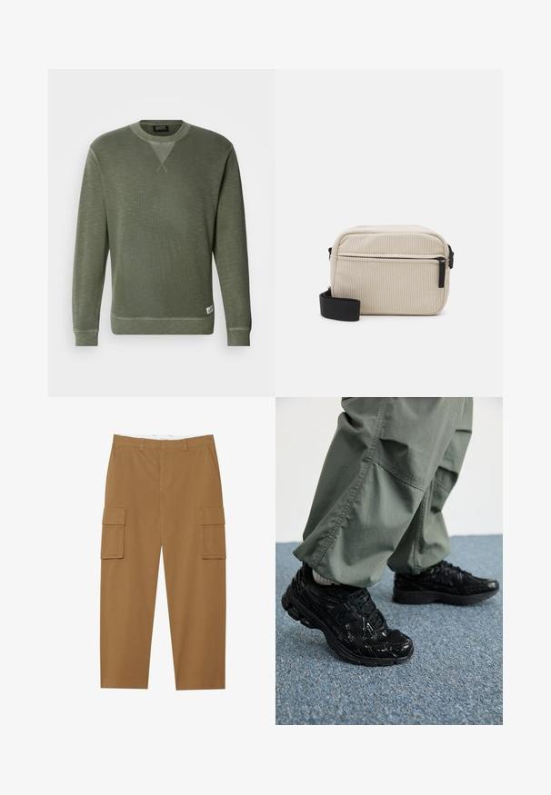 Grøn sweatshirt lavet af tekstureret stof, med rund halsudskæring, lange ærmer og et lille mærke nederst til venstre.; Brune cargo bukser med to sidelommer, flad front og lige ben. Fremstillet af et slidstærkt stof med en glat tekstur.; Sorte atletiske sneakers med blanke og mesh teksturer, der har en tyk sål og snørebånd, parret med løse olivengrønne cargo bukser.; Cremefarvet kordfløjl crossbody taske med en sort lynlås, aftagelig skulderrem og struktureret mønster. Har et hovedrum og en frontlomme.