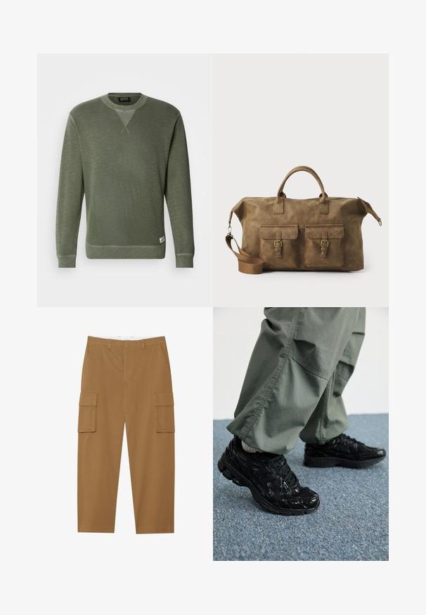 Zelen sweatshirt iz teksturirane tkanine, z okroglim izrezom, dolgimi rokavi in majhno oznako blagovne znamke na spodnji levi strani.; Rjave cargo hlače z dvema stranskima žepoma, ravnim sprednjim delom in ravnim krojem. Narejene so iz trpežnega materiala z gladko teksturo.; Črne športne superge z sijajnimi in mrežastimi teksturami, ki imajo debel podplat in vezalke, v kombinaciji z ohlapnimi olivno zelenimi cargo hlačami.; Rjav usnjen potovalni kovček z dvema sprednjima žepoma, nastavljivim ramenskim trakom, zlatim okovjem in trdnimi zgornjimi ročaji. Gladka tekstura.